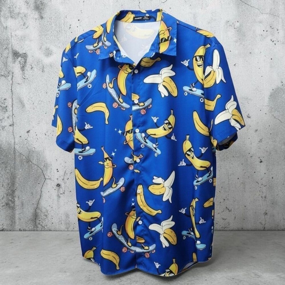 Manfinity Streetwear Skateboarding Banana Shirt Mens XL Blue Yellow Resortwear